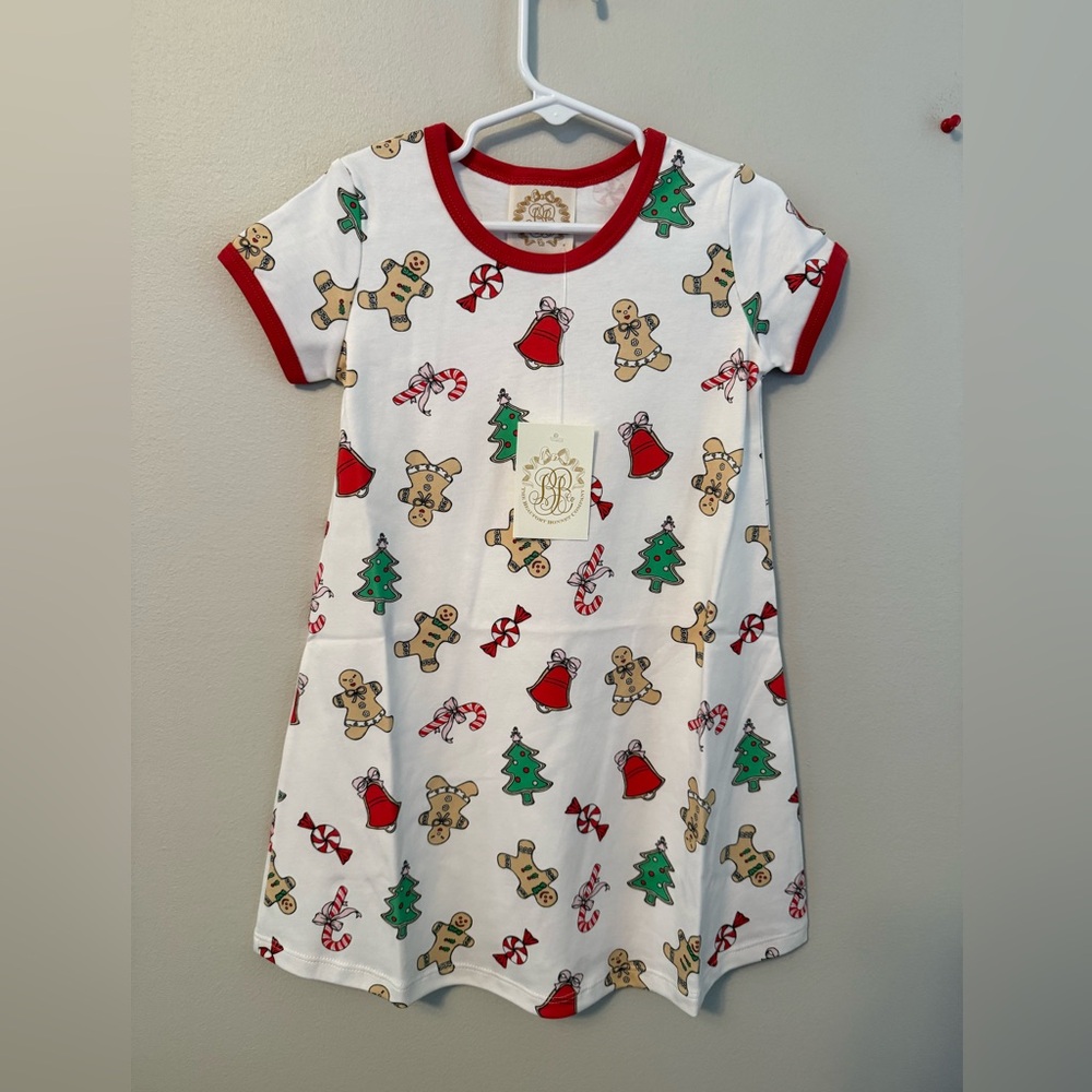 The Beaufort Bonnet Company White Holiday Print Girls Casual Dress with Red Trim